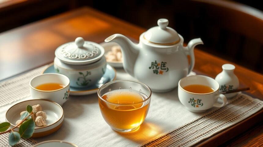 Biely čaj Pai Mu Tan s teapotom a šálkami na stole.