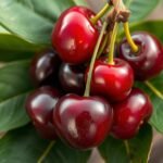 Čerstvé čerešne s listami na drevenom pozadí