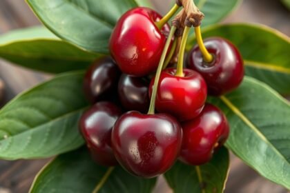 Čerstvé čerešne s listami na drevenom pozadí