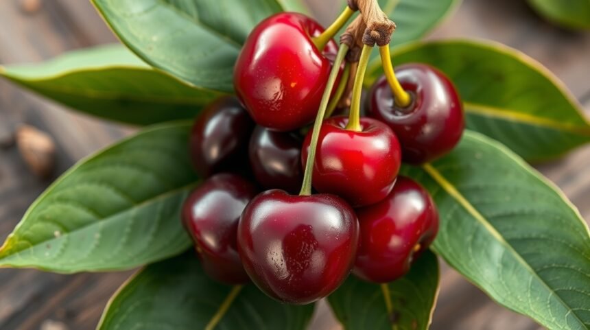 Čerstvé čerešne s listami na drevenom pozadí