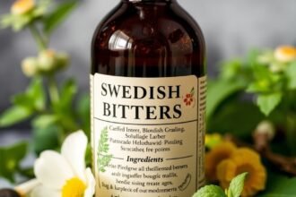 Fľaša švédskych kvapiek s bylinkami na pozadí.