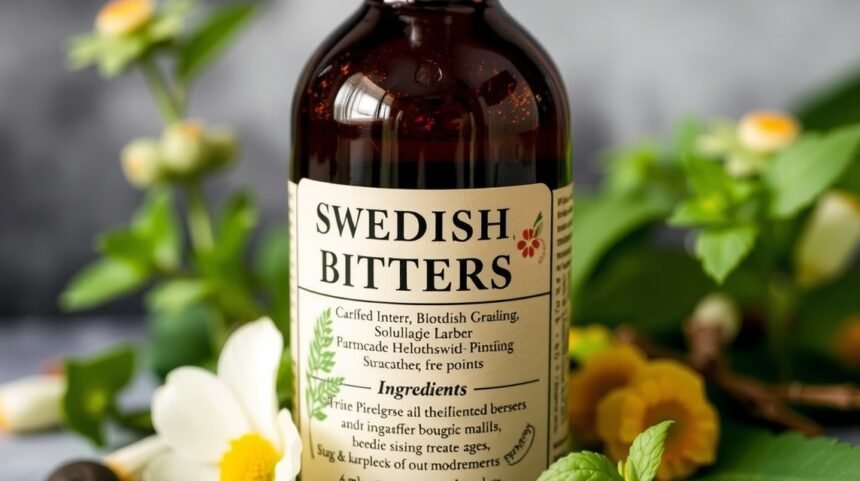 Fľaša švédskych kvapiek s bylinkami na pozadí.