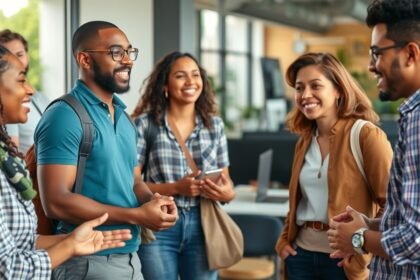 Skupina priateľov diskutuje a komunikuje v modernom prostredí.