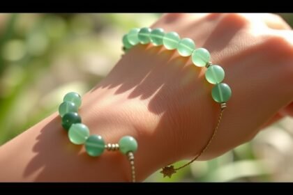 Aventurínový náramok na zápästí podporujúci duševnú rovnováhu.