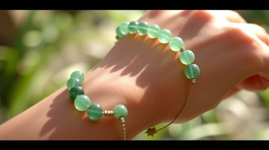 Aventurínový náramok na zápästí podporujúci duševnú rovnováhu.