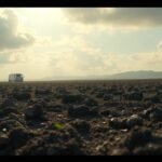 Znečistená pôda s kamienkami a automobilom na obzore