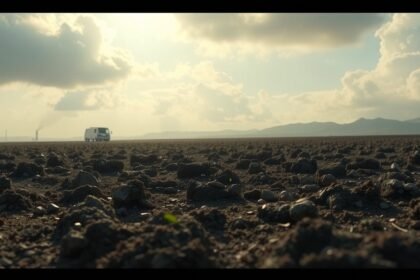 Znečistená pôda s kamienkami a automobilom na obzore