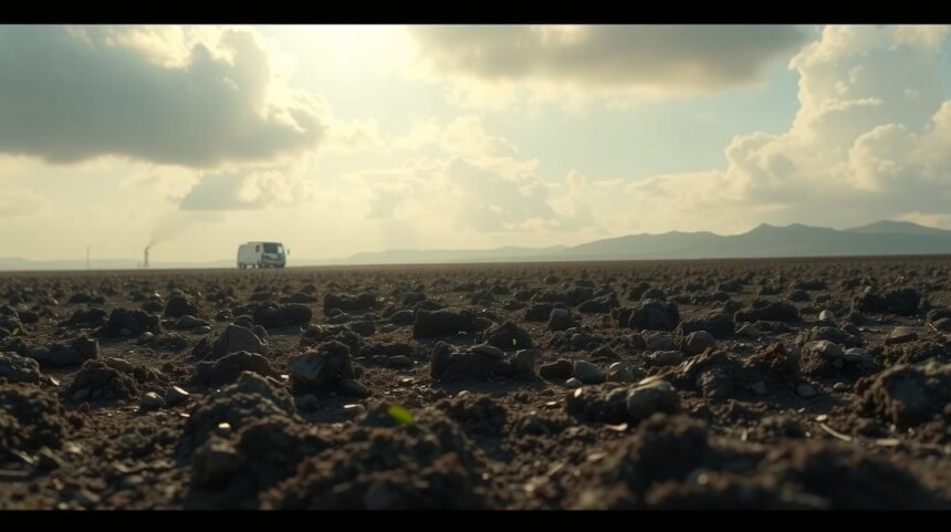 Znečistená pôda s kamienkami a automobilom na obzore