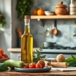 Fľaša olivového oleja a čerstvá zelenina na kuchynskom stole