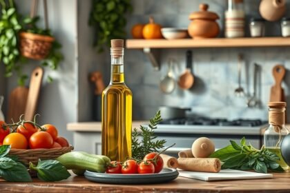 Fľaša olivového oleja a čerstvá zelenina na kuchynskom stole