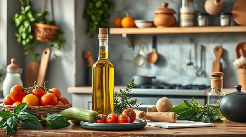 Fľaša olivového oleja a čerstvá zelenina na kuchynskom stole