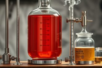 Destilačné sklo s červenou tekutinou a Maligánovou stupnicou na meranie.