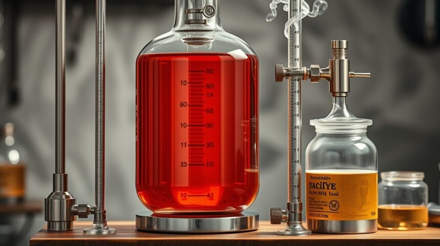 Destilačné sklo s červenou tekutinou a Maligánovou stupnicou na meranie.