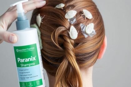 A bottle of Paranix shampoo being applied to hair infested with lice.