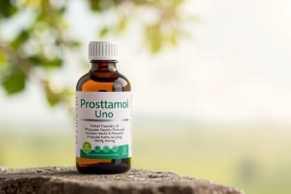 Fľaša Prostamol Uno na kamennej podložke s pozadím prírody.
