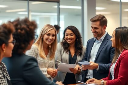 Skupina profesionálov diskutuje o kariérnom rozvoji a angličtine na pracovisku.