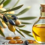 Fľaša extra panenského olivového oleja s olivami a listami