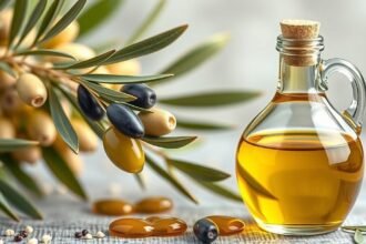 Fľaša extra panenského olivového oleja s olivami a listami