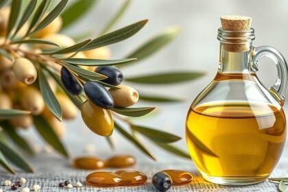 Fľaša extra panenského olivového oleja s olivami a listami