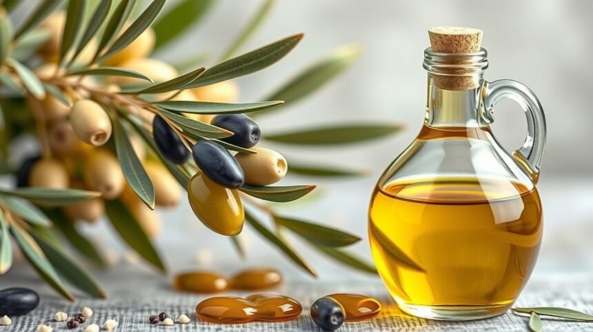 Fľaša extra panenského olivového oleja s olivami a listami