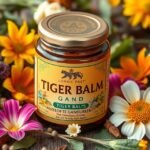 Tigrí balzam obklopený bylinkami a kvetmi, prírodná úľava od bolesti.