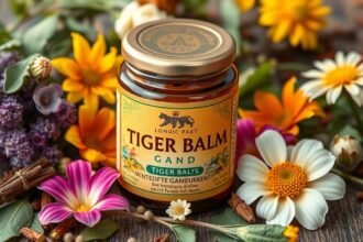 Tigrí balzam obklopený bylinkami a kvetmi, prírodná úľava od bolesti.