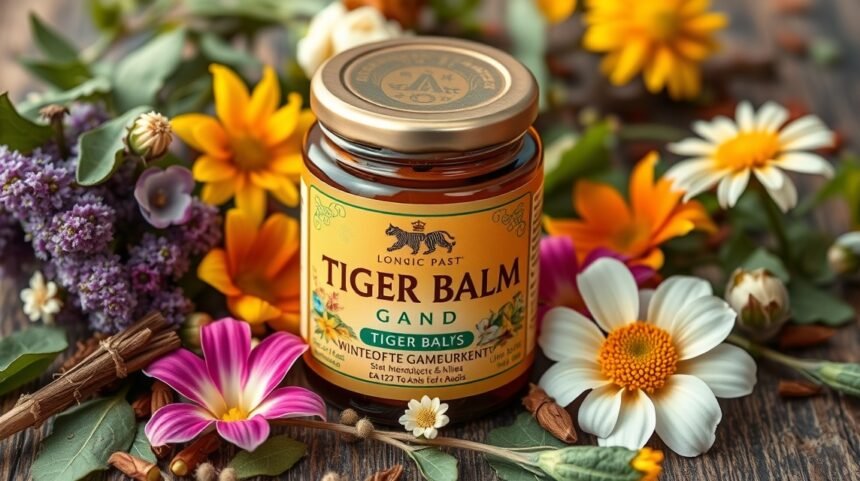 Tigrí balzam obklopený bylinkami a kvetmi, prírodná úľava od bolesti.