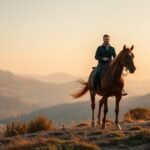 Jazdec na koni v horskej krajine pri západe slnka