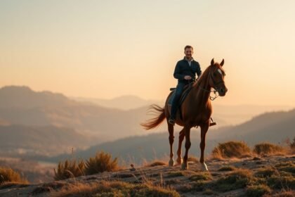 Jazdec na koni v horskej krajine pri západe slnka
