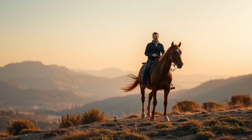 Jazdec na koni v horskej krajine pri západe slnka