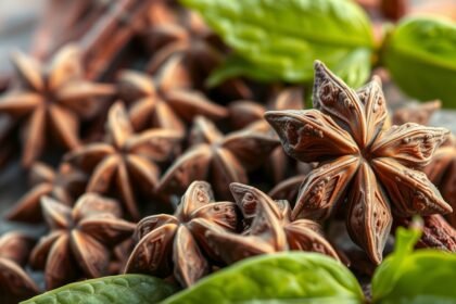 Klinčeky a listy byliniek na drevenom stole, zdravotné prínosy.