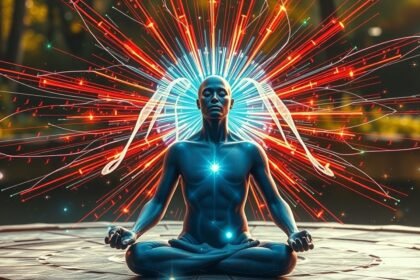 Meditujúca postava obklopená magnetickými vlnami a energiou