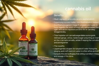 Dve fľaštičky konopných kvapiek so zelenými listami v pozadí