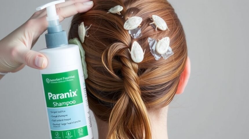 A bottle of Paranix shampoo being applied to hair infested with lice.