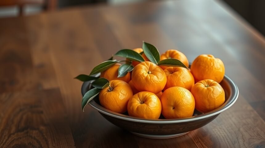 Čerstvé mandarínky v miske na drevenom stole