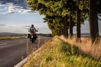 Motocykel na ceste medzi stromami pri západe slnka v Európe