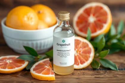 Fľaša grapefruitového jadrového extraktu s plodmi grapefruitu