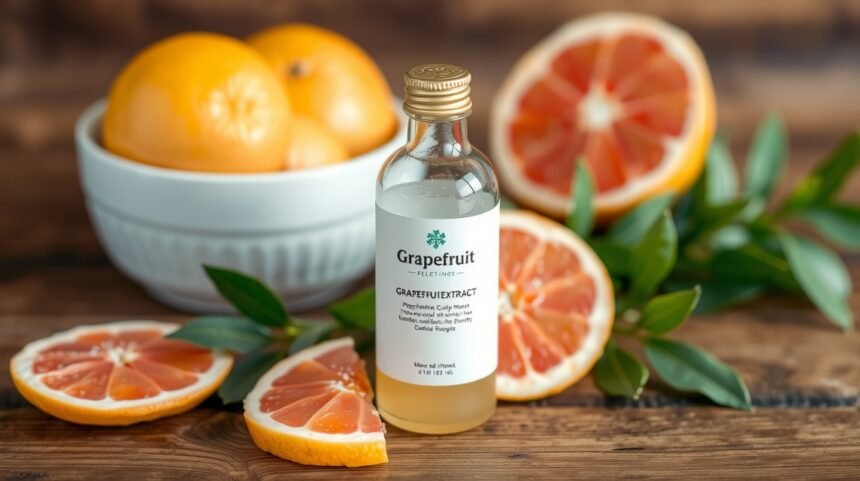 Fľaša grapefruitového jadrového extraktu s plodmi grapefruitu