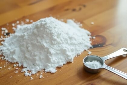 Pohľad na hromadu bieleho prášku a odmerku na drevenom stole.