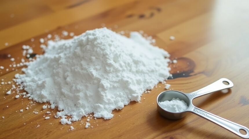 Pohľad na hromadu bieleho prášku a odmerku na drevenom stole.