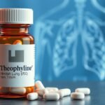 Fľaša teofylínu a tablety na pozadí nákresu pľúc