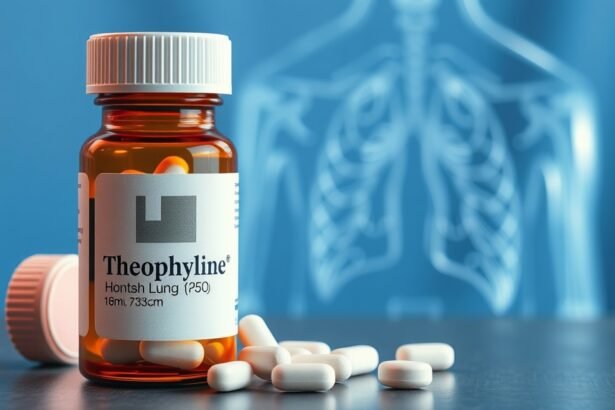 Fľaša teofylínu a tablety na pozadí nákresu pľúc