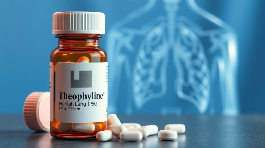 Fľaša teofylínu a tablety na pozadí nákresu pľúc