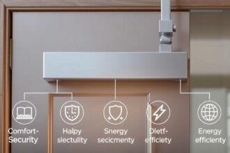 Moderný dverový zatvárač so symbolmi pohodlia, bezpečnosti a energetickej účinnosti.