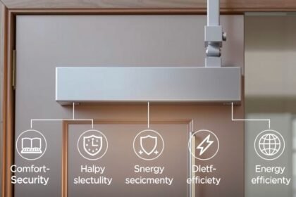 Moderný dverový zatvárač so symbolmi pohodlia, bezpečnosti a energetickej účinnosti.