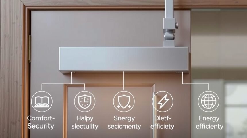 Moderný dverový zatvárač so symbolmi pohodlia, bezpečnosti a energetickej účinnosti.