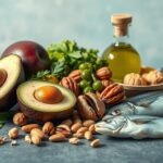 Rôzne zdravé tuky ako avokádo, ryby a orechy na stoloch.