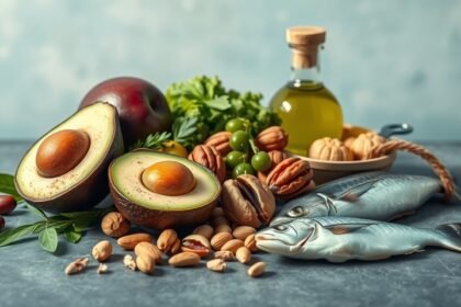 Rôzne zdravé tuky ako avokádo, ryby a orechy na stoloch.