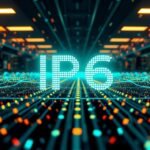 Ilustrácia IPv6 s futuristickým dizajnom a dátovými prúdmi