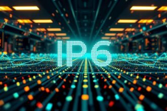 Ilustrácia IPv6 s futuristickým dizajnom a dátovými prúdmi